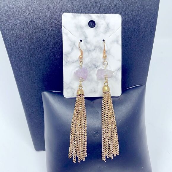 Amethyst Crystal Gold Chain Fringe Earrings - Picture 3 of 7